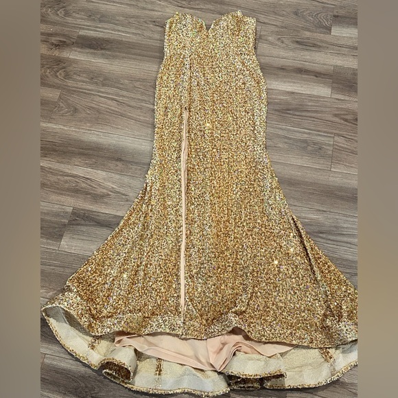 NWT! Portia and Scarlett Gold Strapless Prom Formal Dress Sequin Dress PS23521 - Picture 2 of 15